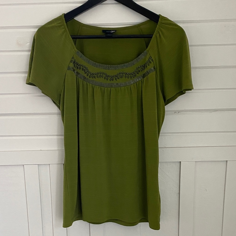 Y2K Boho Moss Green Beaded Flutter Sleeves Short Sleeve Women's Top Size Small